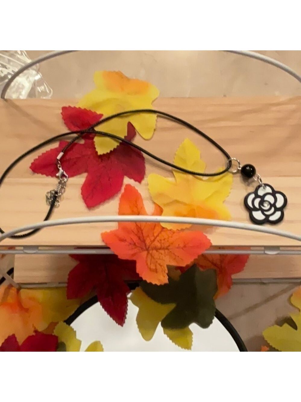 Black White Camellia Flower Necklace Leather Chain